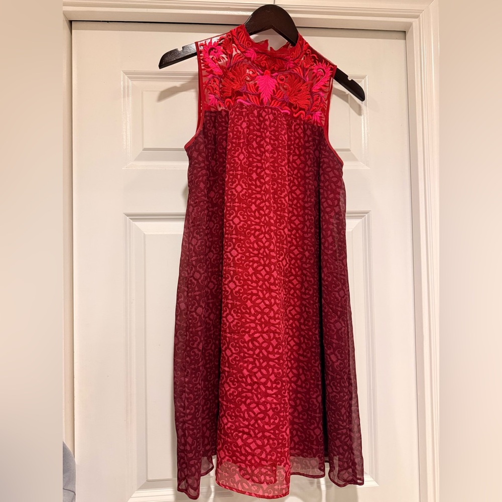 Anthropologie Red & Burgandy Women’s Dress gently worn, chiffon, embroidered